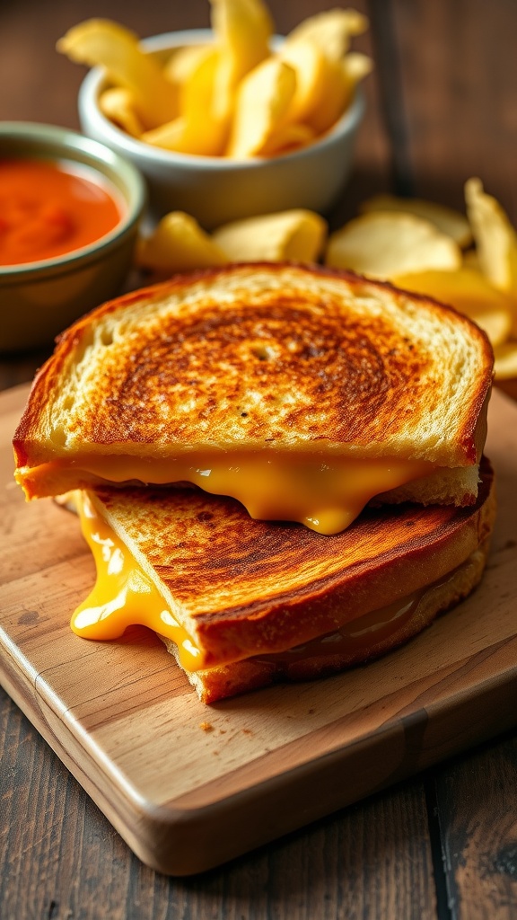 A grilled cheese sandwich cut in half, revealing melted cheese, served with potato chips and tomato soup.